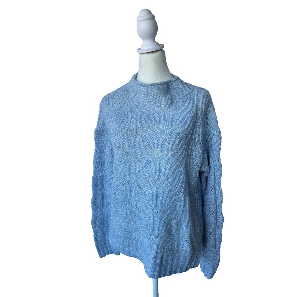 J.Crew Cable Knit Sweater Womens M Blue Alpaca Blend Crewneck Chunky Boho Preppy